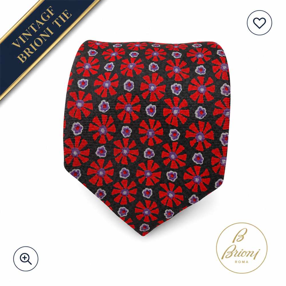 Vintage Brioni Roma Silk Tie 2.75" Red Floral Geometric Italy 80s 90s Luxury